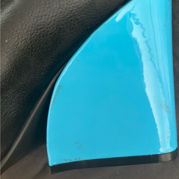 SENNA BUCKLE DETAIL SQUARE TOE BLUE WEDGE HEEL KNEE HIGH BOOT IN BLACK FAUX LEAT - Picture 8 of 12